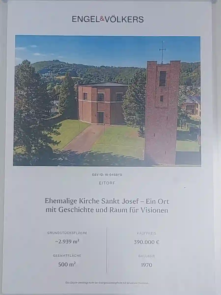 Die Kirche St. Josef steht erneut zum Verkauf Verkaufsschild